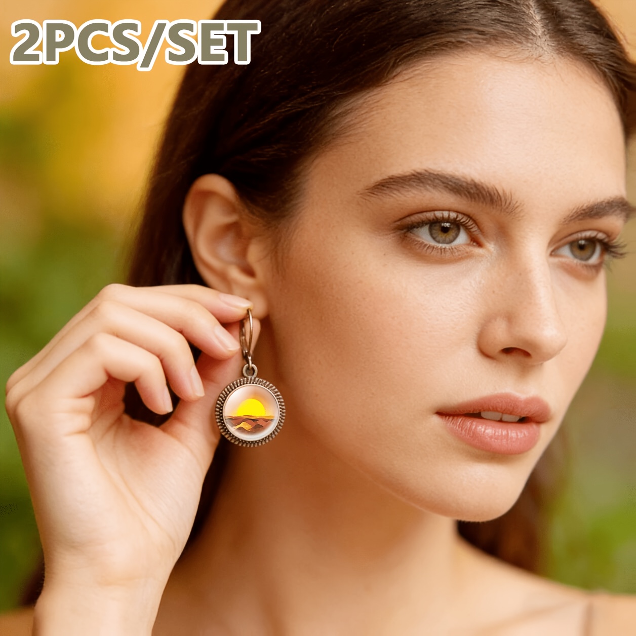 Teal Classic Pendant Earrings Set, 2pcs with Desert Sunset Design